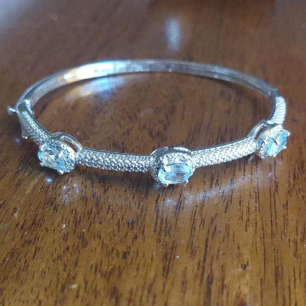 Aquamarine Silver Plated Bangle Braclet 6" Cuff With Safety Lock Like NEW!